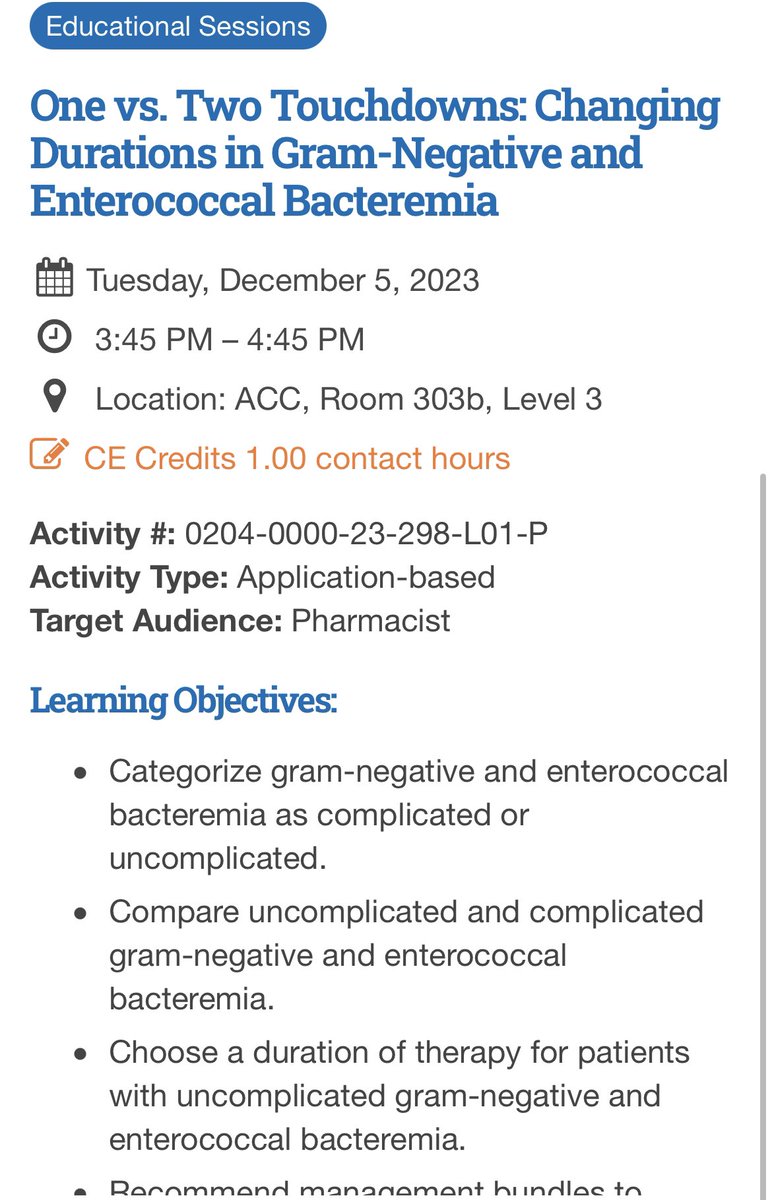 Do you have plans tomorrow afternoon from 3:45-4:45 at #ASHP23? Come listen to a talk on bacteremia treatment duration by me and @DBChastain. @OURxResidency @UGAPharmacy @UMMCPharmacy