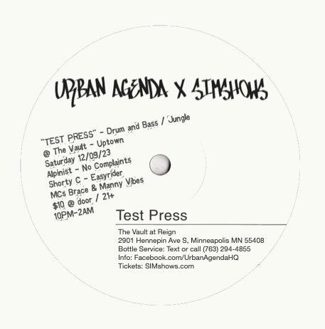 SIMshows's tweet photo. SIMshows &amp; Urban Agenda Present: 

Test Press: Drum and Bass/Jungle Night!

This Saturday 12.9
The Vault

Featuring DJs:
Alpinist, No Complaints, Easyrider, Short C

$10 Cover
🎫: https://t.co/MXLFw2zmAT

10pm-2am
21+ https://t.co/HVB2tH7LLz
