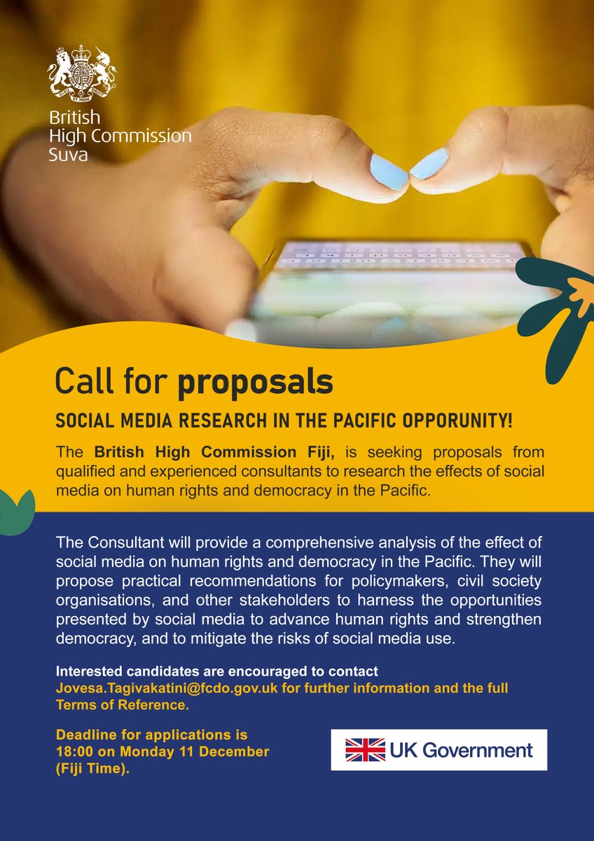 UK in Fiji (@ukinfiji) on Twitter photo #FundingOpportunity 🇫🇯 Call for Proposal: Social Media research in the Pacific, funded by Magna Carta Fund for Human Rights and Democracy, the <a href="/FCDOGovUK/">Foreign, Commonwealth & Development Office</a>'s dedicated strategic fund supporting our global human rights and democracy work.
❌Deadline: Monday 11 December. More info⤵️ #FundingOpportunity 🇫🇯 Call for Proposal: Social Media research in the Pacific, funded by Magna Carta Fund for Human Rights and Democracy, the <a href="/FCDOGovUK/">Foreign, Commonwealth & Development Office</a>'s dedicated strategic fund supporting our global human rights and democracy work.
❌Deadline: Monday 11 December. More info⤵️