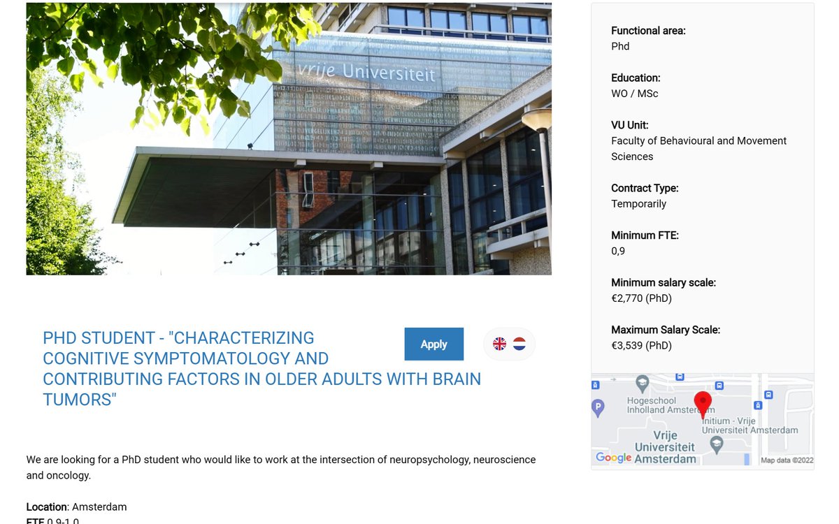 AbejeJude's tweet photo. PhD Vacancy @VUamsterdam
#Share2Help
"CHARACTERIZING COGNITIVE SYMPTOMATOLOGY AND CONTRIBUTING FACTORS IN OLDER ADULTS WITH BRAIN TUMORS"
Min. Salary €2770
Max. Salary €3539
https://t.co/TV6HEUVob2
#brain #neuroscience #PhD #PhDposition #funding #Nigeria #researchhub https://t.co/tA8vuY8SUQ