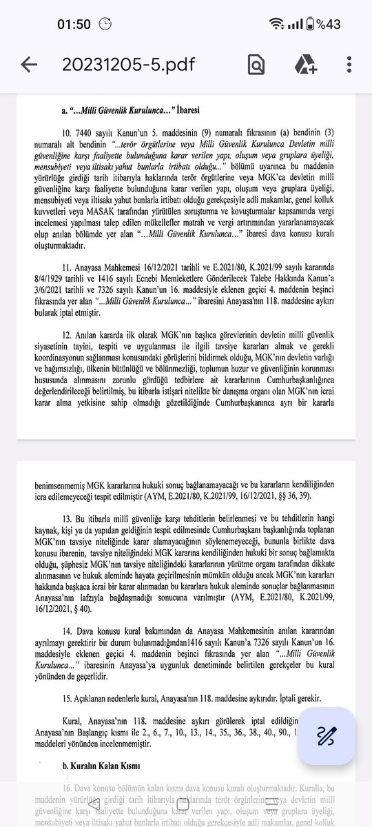 insan_hukuk's tweet photo. AYM'den önemli bir karar

MGK tarafından devletin milli güvenliğine karşı faaliyette bulunduğuna karar verilen yapı, oluşum veya gruplara üyelik, mensubiyet veya iltisaka nedeniyle kişiler hk.işlem tesis edilmesine dair düzenleme Anayasaya aykırıdır.

RG'de bugün yayımlanmıştır. https://t.co/e3JqchaSlm