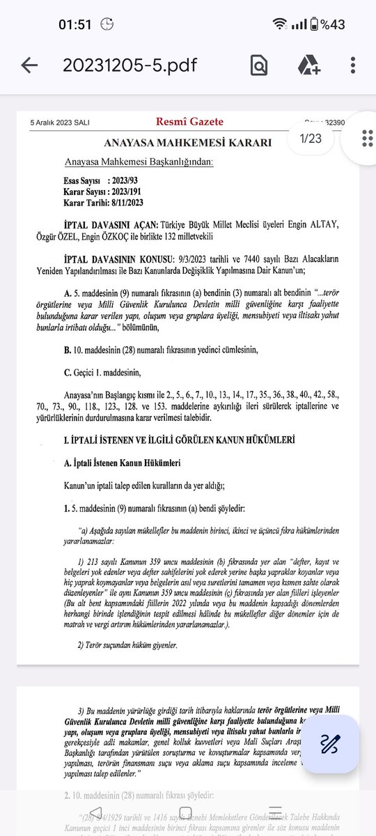 insan_hukuk's tweet photo. AYM'den önemli bir karar

MGK tarafından devletin milli güvenliğine karşı faaliyette bulunduğuna karar verilen yapı, oluşum veya gruplara üyelik, mensubiyet veya iltisaka nedeniyle kişiler hk.işlem tesis edilmesine dair düzenleme Anayasaya aykırıdır.

RG'de bugün yayımlanmıştır. https://t.co/e3JqchaSlm