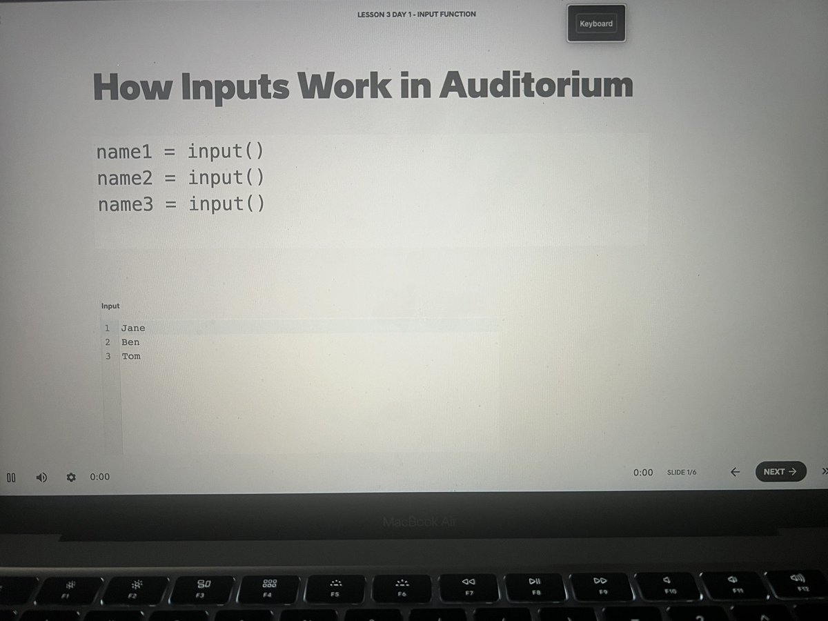 helpthanks7's tweet photo. #100DaysOfCode 
#day1 lesson 3 -day 1- input function the slide is different than the actual exercise where I need to calculate the length of a string  on auditorium . Am I missing something? https://t.co/yhQ5xYSDlu