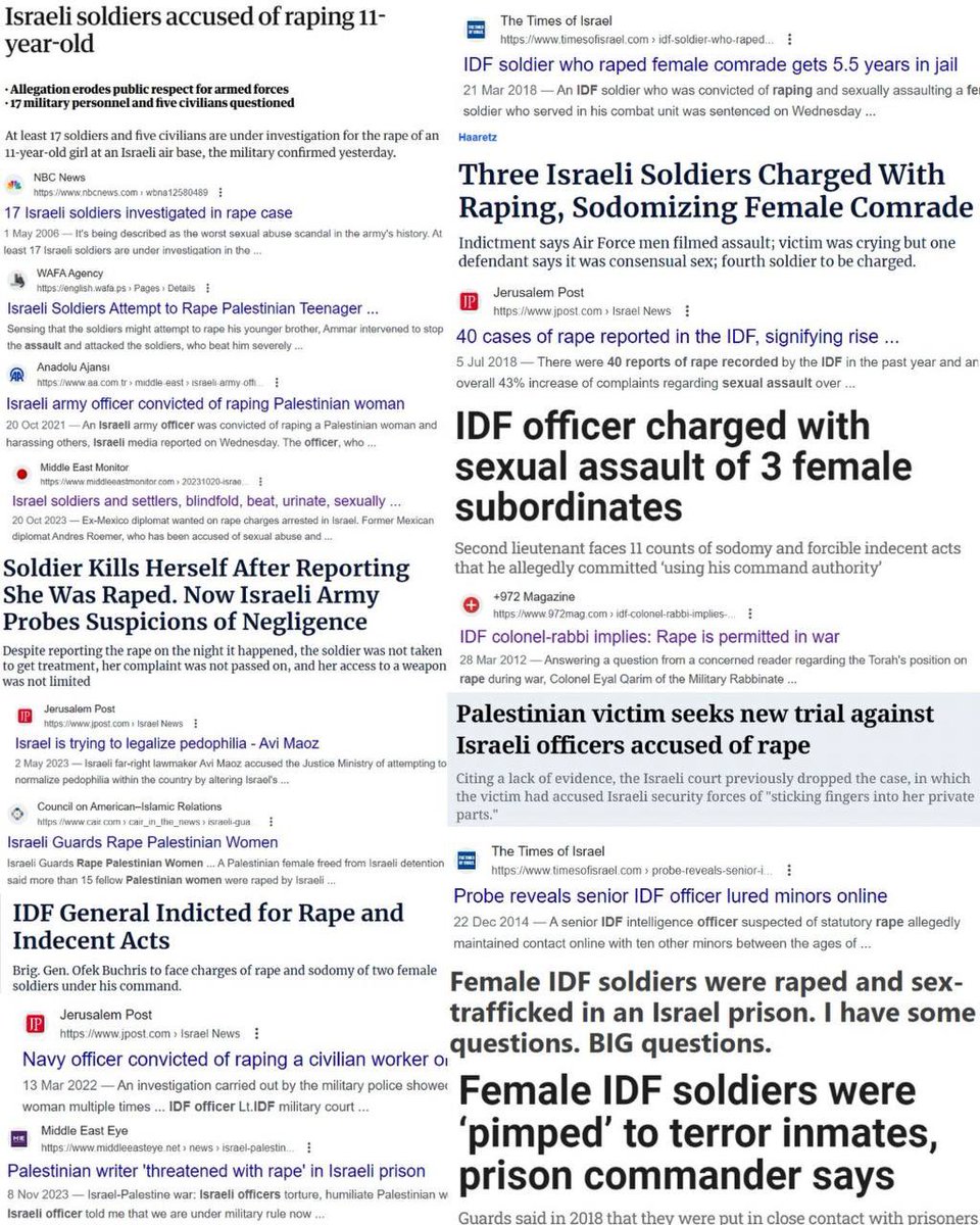 🚨 Every Zionist accusation is a confession. The internet is littered with articles where;

- IDF rapes Palestinian women, boys and men

- IDF pimps out their own women and forces them to engage in sex acts with prisoners to gather intel
