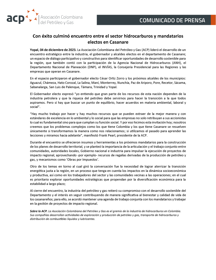 ACP_Colombia's tweet photo. #ComunicadoACP I ¡Culminamos con éxito el encuentro entre el sector hidrocarburos y los mandatarios electos de Casanare!👏🏻 Un espacio liderado por la ACP con apoyo de las empresas operadoras, que también contó con la participación de entidades del Gobierno nacional, y concluyó con el compromiso de impulsar proyectos de impacto regional en beneficio de la calidad de vida de los casanareños y el desarrollo sostenible de la región. 🇨🇴