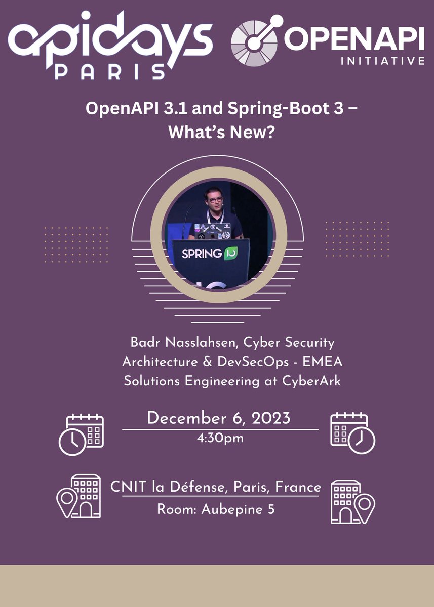 🌟 Join us at #APIDaysParis on Dec 6-8 for an API extravaganza you won't want to miss! 🆕 @nass_lahsen from @CyberArk will take you through 'OpenAPI 3.1 and Spring-Boot 3 - What's New?' 📣Register here: openapis.org/events/apidays… #APIs #OpenAPI