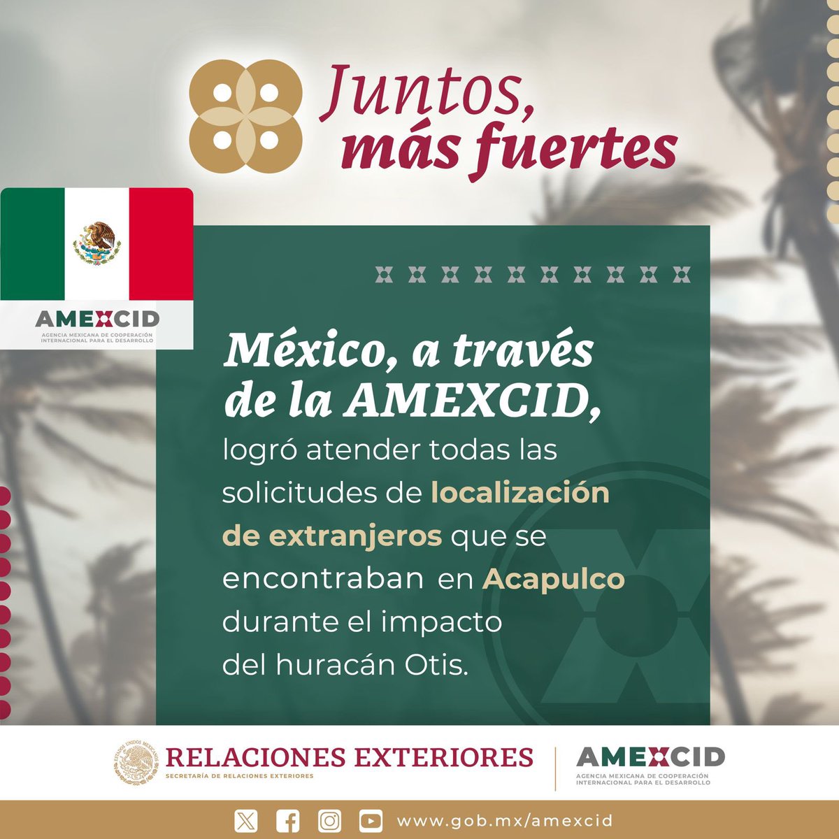 📌#SabíasQue | México, a través de la @SRE_mx y la @AMEXCID, logró atender todas las solicitudes de localización de extranjeros que se encontraban en Acapulco, durante el impacto del huracán #Otis.

🇲🇽🤝🌎
#DiplomaciaCercaDeTi
#CooperarEsCompartir
#MXCoopera