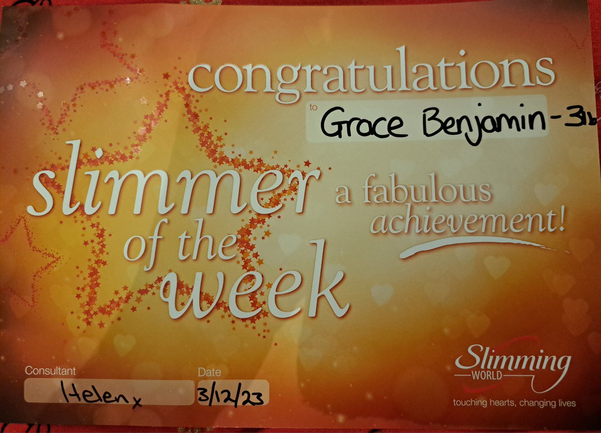GraceBenjamin91's tweet photo. Certificate for New Front Number and Slimmer of the Week 

Start on 17/4/23: 13st 1 and a half lbs
Now: 10st and 12 lbs

@SlimmingWorld

#slimmingworlduk #slimmingworld #certificates #newfrontnumber #slimmeroftheweek #slimmingoftheweek
#slimmingworldhilsea https://t.co/wRdax595S7