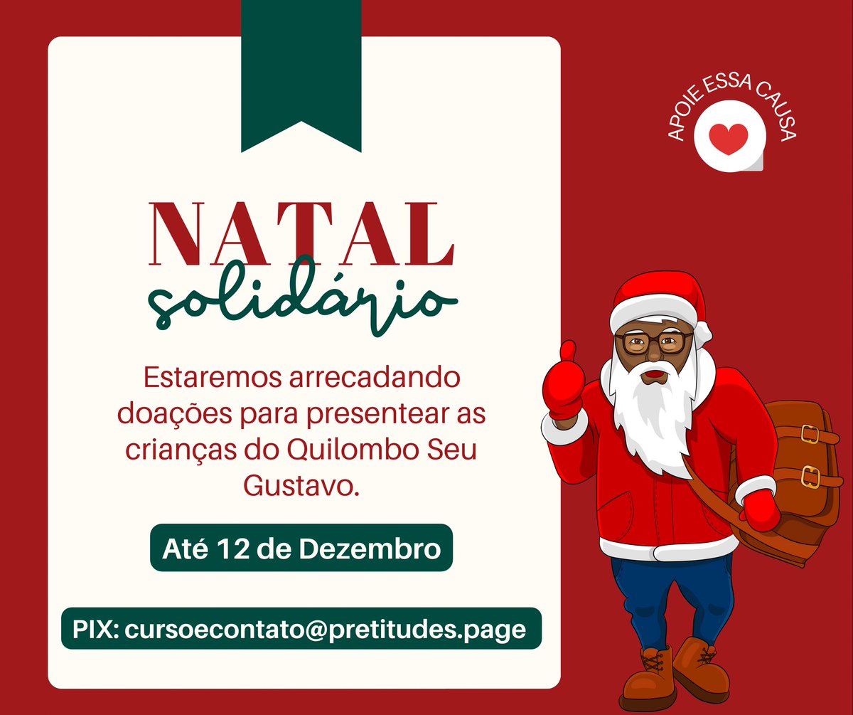 Galera, estamos arrecadando doações para realizar a festa de Natal para as crianças do Quilombo Seu Gustavo. A meta é presentear as 60 crianças atendidas pelo projeto. Se você pode ajudar com qualquer valor, faz um pix pra gente 🙏🏿🙏🏿❤️ cursoecontato@pretitudes.page