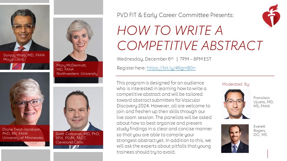 ‼️Only 2 days away! 🗓️Join us Wednesday December 6th 7-8pm EST for our annual webinar “How to Write a Competitive Abstract” with panelists @MisraMD , Dr. Mary McDermott, Dr. Diane Treat-Jacobson, and @2Scottish 🔗 bit.ly/46gmB0n
