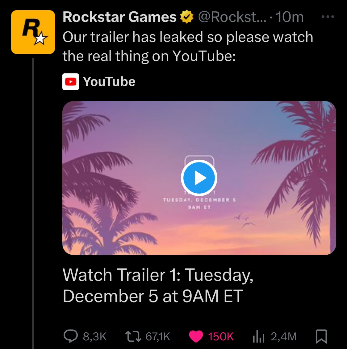 bilalssk21's tweet photo. Nah stellt euch vor ihr seid Rockstar games, entwickelt 10 jahre das meist gehypede spiel und ein tag vor trailer Release wird der trailer geleakt und ihr müsst den offiziellen Trailer von GTA 6 rausbringen und so einen tweet posten 😭💀 https://t.co/Q6LWw2JMsN