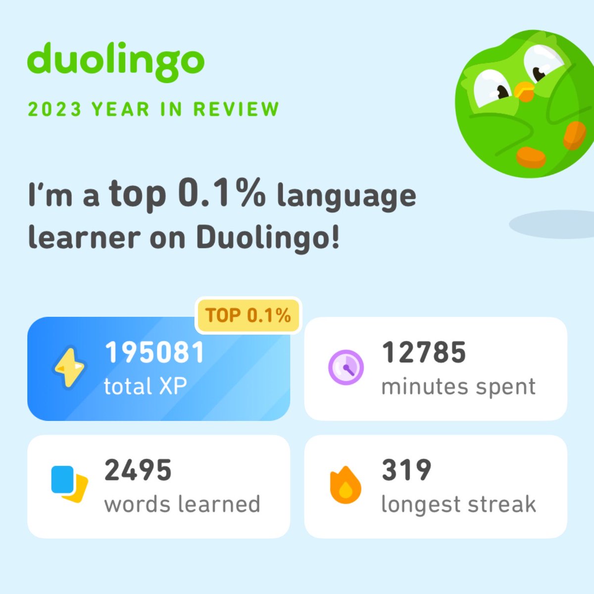 Look how much I learned on Duolingo in 2023! How did you do? #Duolingo365