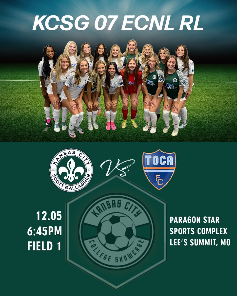We're ready to play in the Kansas City College Showcase! #KCSG 

⚽️Kansas City College Showcase
🆚Toca FC Elite 06 
🗓️12.05
⏰6:45PM
 📍Paragon Star Sports Complex

@KansascitySG @KCSGECNLRL <a href="/TheSoccerWire/">SoccerWire</a> <a href="/TopDrawerSoccer/">TopDrawerSoccer</a> <a href="/PrepSoccer/">Prep Soccer ⚽️</a> <a href="/HSSoccerKC/">SoccerKC</a> <a href="/ImCollegeSoccer/">College Soccer Truth ™</a> <a href="/ImYouthSoccer/">ECNL/GA/Recruiting/College Soccer</a>