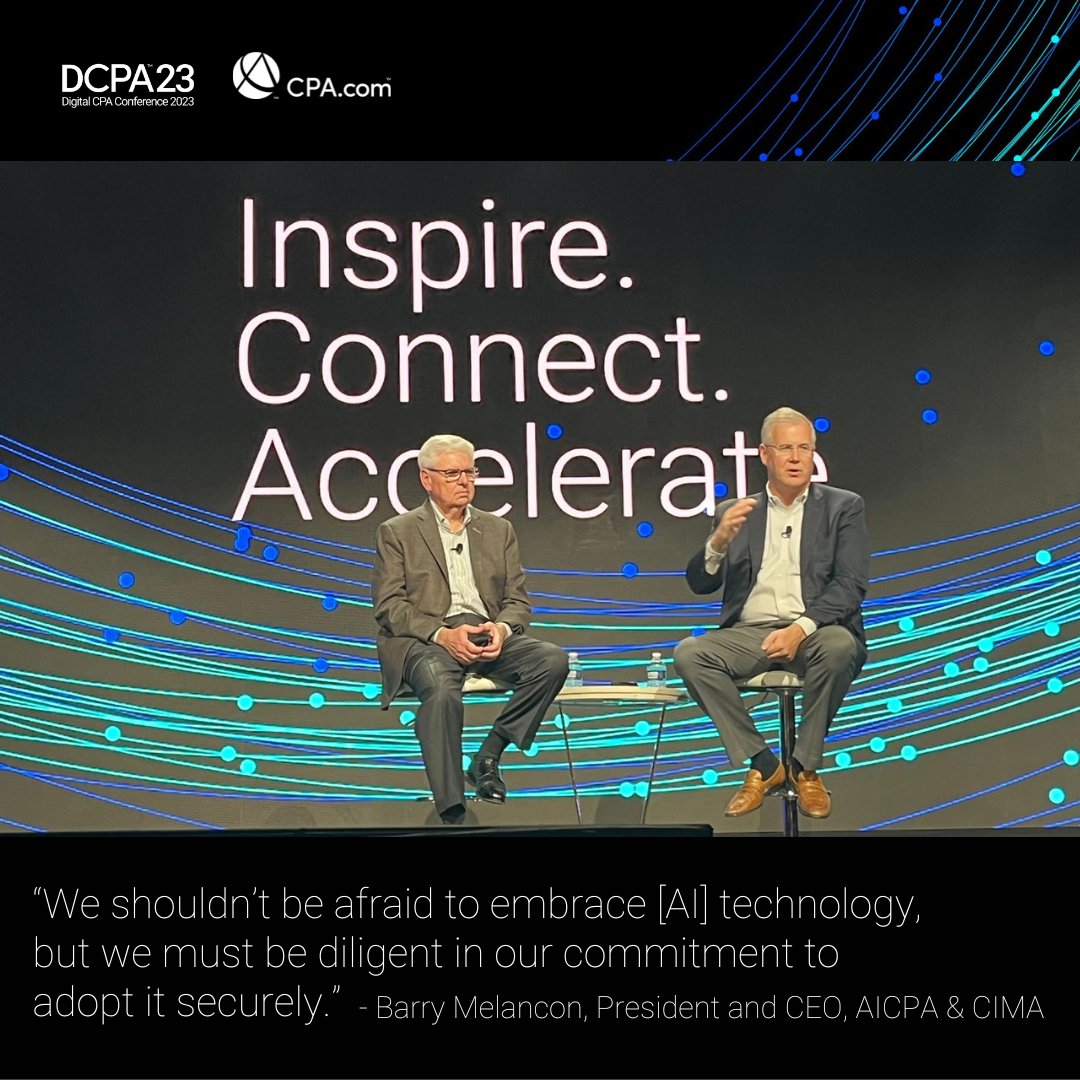 CPA.com (@cpacom) on Twitter photo #DCPA23 keynote: <a href="/AICPA/">American Institute of CPAs</a> CEO <a href="/barrymelancon/">Barry Melancon</a> and <a href="/CPAcom/">CPA.com</a> CEO <a href="/ErikAsgeirsson/">ErikAsgeirsson</a> discuss the opportunities that GenAI for the profession, as well as the importance of embracing standards to instill confidence in reporting of financial and non-financial data. #DCPA23 keynote: <a href="/AICPA/">American Institute of CPAs</a> CEO <a href="/barrymelancon/">Barry Melancon</a> and <a href="/CPAcom/">CPA.com</a> CEO <a href="/ErikAsgeirsson/">ErikAsgeirsson</a> discuss the opportunities that GenAI for the profession, as well as the importance of embracing standards to instill confidence in reporting of financial and non-financial data.