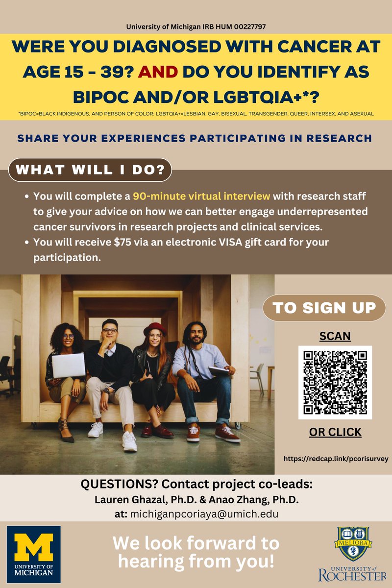 1st round of recruitment: AYA cancer survivors! Our project will identify facilitators and barriers to recruiting and engaging underrepresented adolescents and young adults with cancer. Complete screener here: redcap.link/pcorisurvey #ayacsm @ESCAPE_AYAC