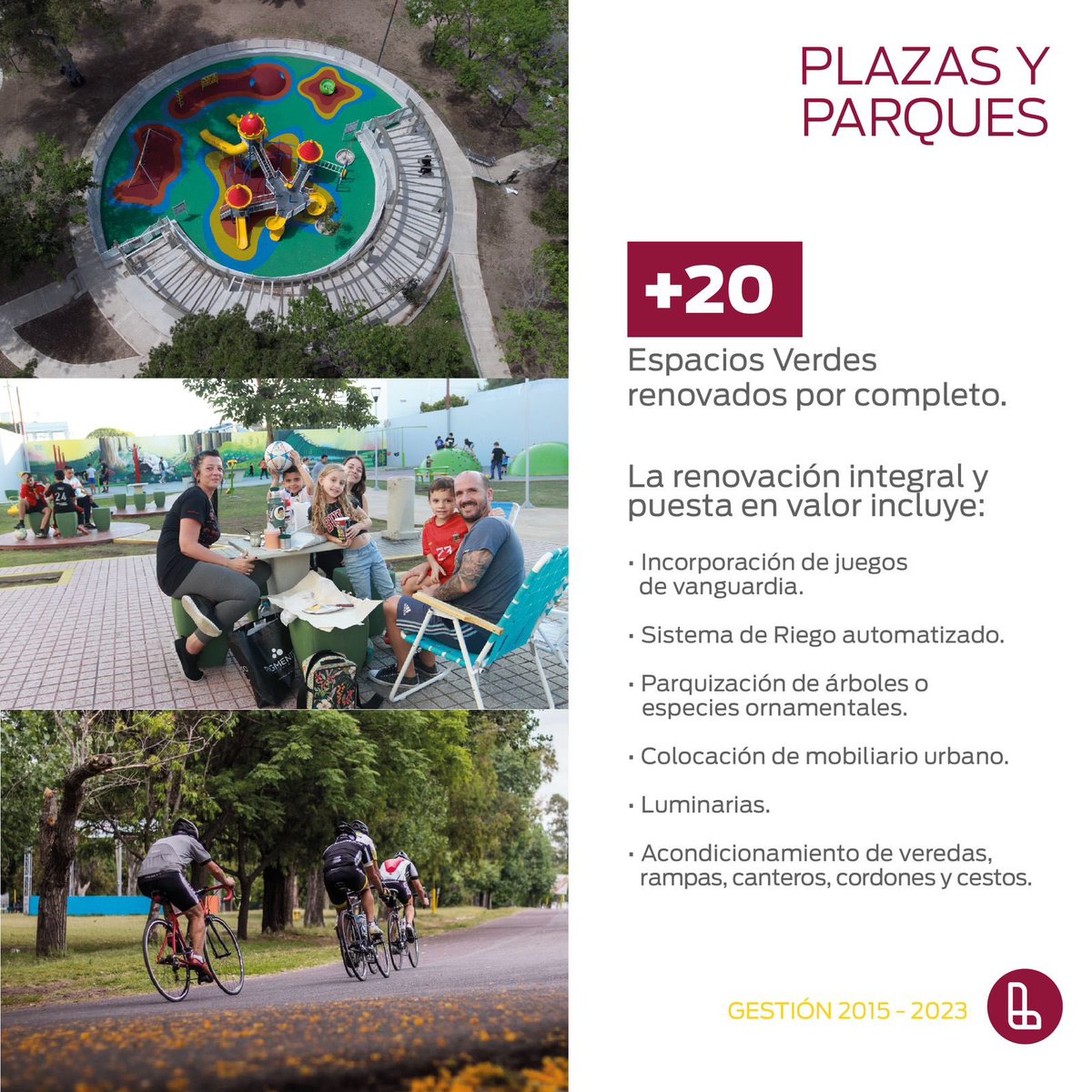 Nestorgrindetti's tweet photo. Ahora las plazas y los parques se convirtieron en un lugar de encuentro para toda la familia. Incorporamos juegos de vanguardia, sistemas de riego, luminarias, parquización, nuevo mobiliario urbano, pictogramas  y acondicionamiento de veredas, rampas, canteros, cordones y cestos. https://t.co/AScsyJ8yMf