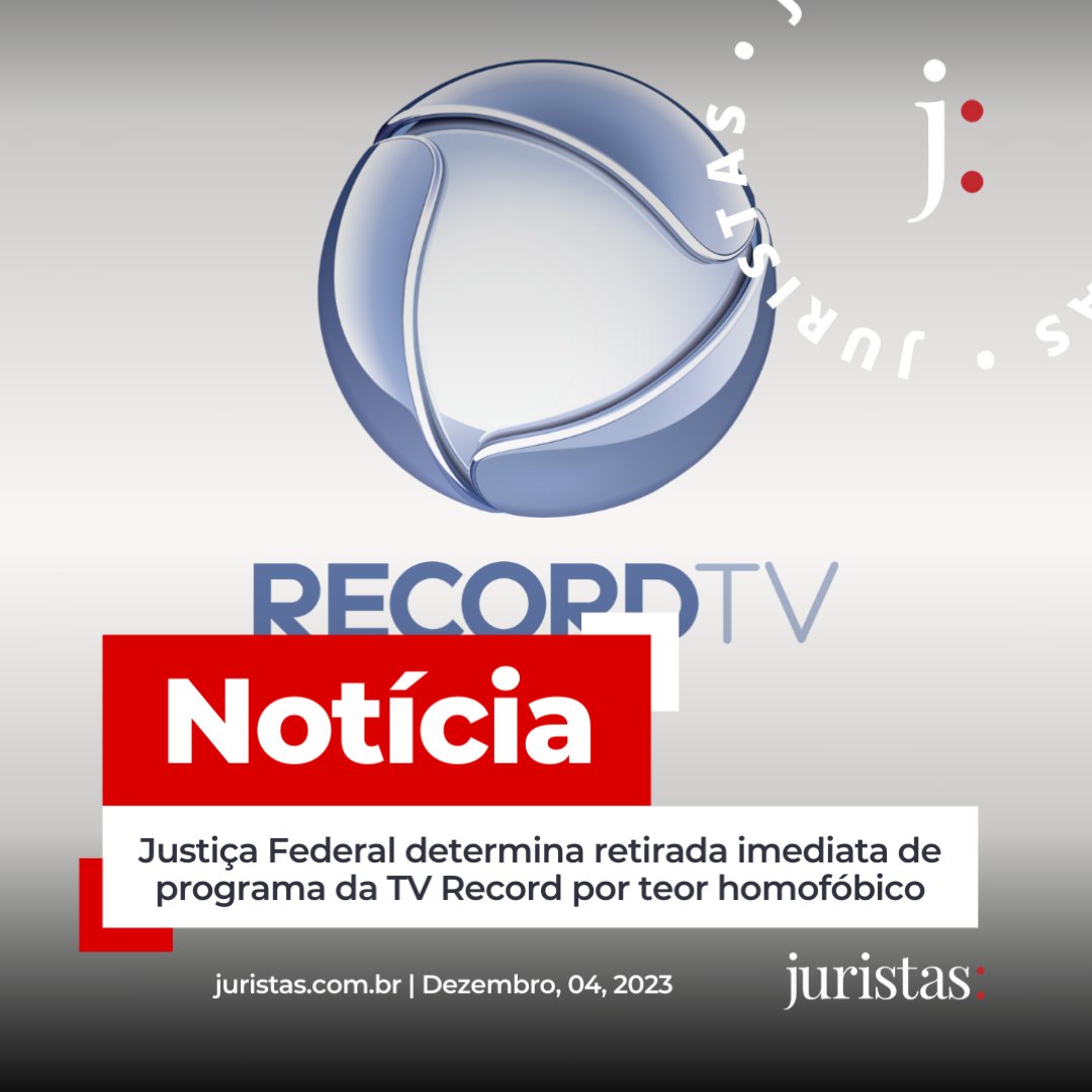 🏳️‍🌈📺 A Justiça Federal acata pedido e ordena retirada imediata de vídeo considerado homofóbico veiculado pela TV Record. #Justiça #DireitosLGBTQIA+

⏩ Leia em:  api.ripl.com/s/axxwpk

#noticias #direito #justiça #InovaçãoJurídica #InteligênciaArtificial