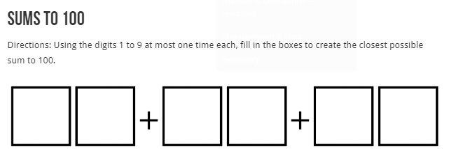 robertkaplinsky's tweet photo. This @openmiddle problem from @gfletchy challenges second graders to find a sum that's as close to 100 as possible. https://t.co/528b6vrFYw #MTBoS https://t.co/wck1ozaSdw