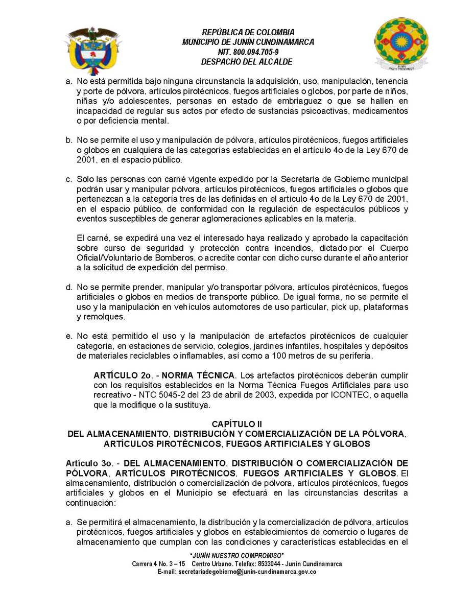 DECRETO 129 DE 2023
"Por el cual se reglamenta la distribución, venta y uso de pólvora, artículos pirotécnicos, fuegos artificiales, globos, así como las autorizaciones requeridas en virtud de lo establecido en la ley 670 del 30 de julio de 2001"
PDF AQUÍ:
junin-cundinamarca.gov.co/normatividad/d…