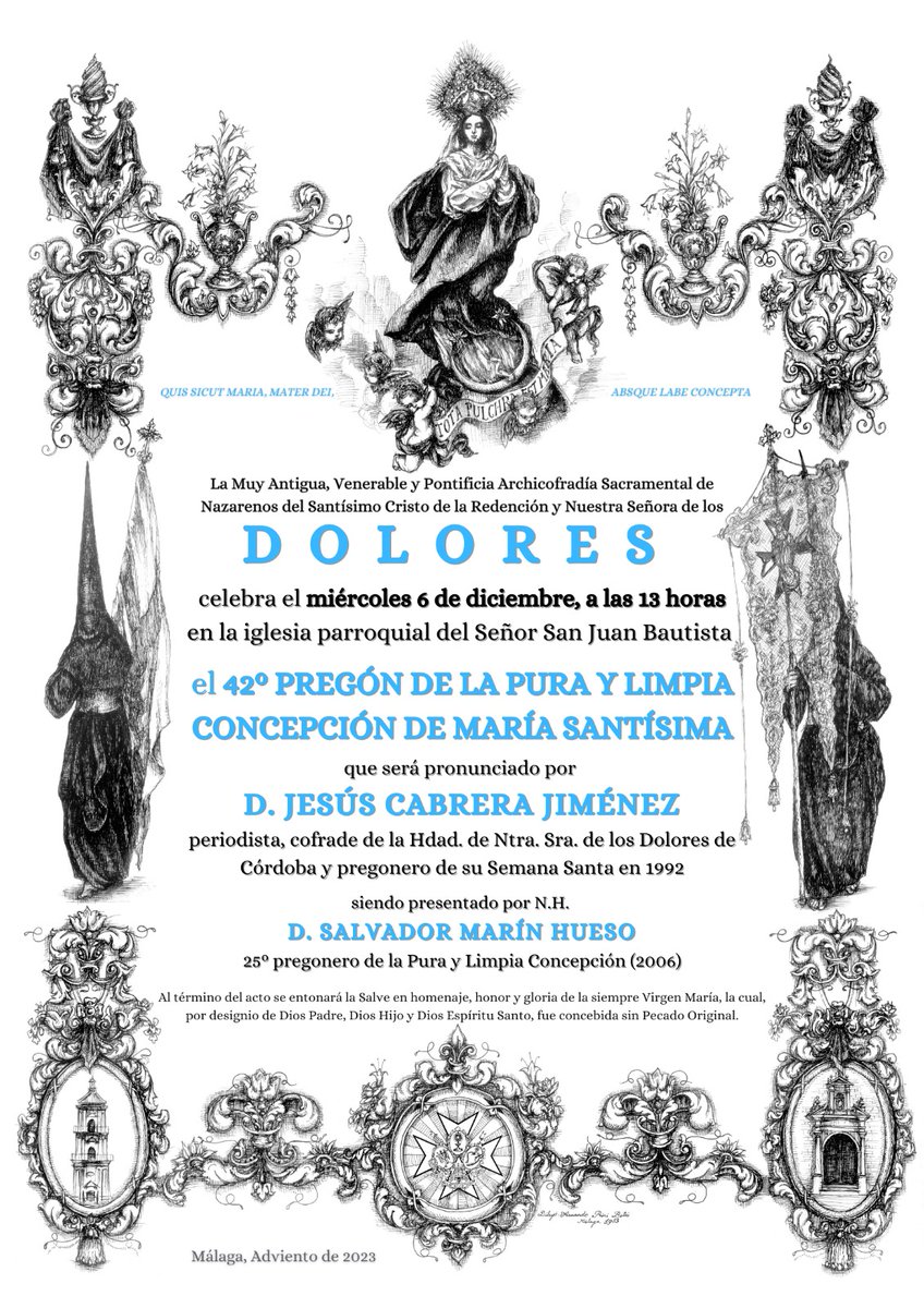 DoloresSanJuan's tweet photo. 🎙️ 42º Pregón de la Pura y Limpia Concepción
🗣️ @JesusCabreraJ; presentado por @smhueso
🗓️ 6 de diciembre, a las 13.00 horas
⛪ Parroquia de San Juan Bautista

💙 "Tota pulchra es, María"  

#cofradíasMLG https://t.co/FnMb92vBz6