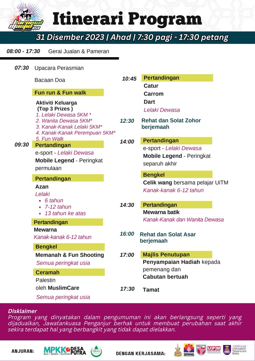 mistasadam_'s tweet photo. 📚Karnival Masjid Al-Iman Desa Putra 2023
akan berlangusng pada:-
📅 Ahad | 31 Dec 2023
⌚Masa: 8.30 pagi-4.30 petang
📍Masjid Al-Iman, Desa Putra
*berhampiran sg merab, bangi, jenderam &amp; putrajaya 

⭐️Pelbagai aktiviti menarik diadakan, semua dijemput hadir⭐️

RT &amp; Sebarkan! ⚡️ https://t.co/NHn8plNexd