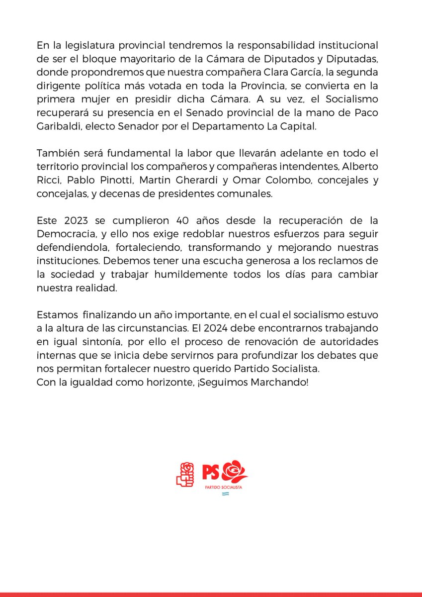 PSsantafe's tweet photo. La Junta Ejecutiva Provincial del Partido Socialista resolvió respaldar el nuevo gobierno de Unidos y se iniciará el proceso de renovación de autoridades partidarias de cara al 2024. https://t.co/fXOQEjdVL9