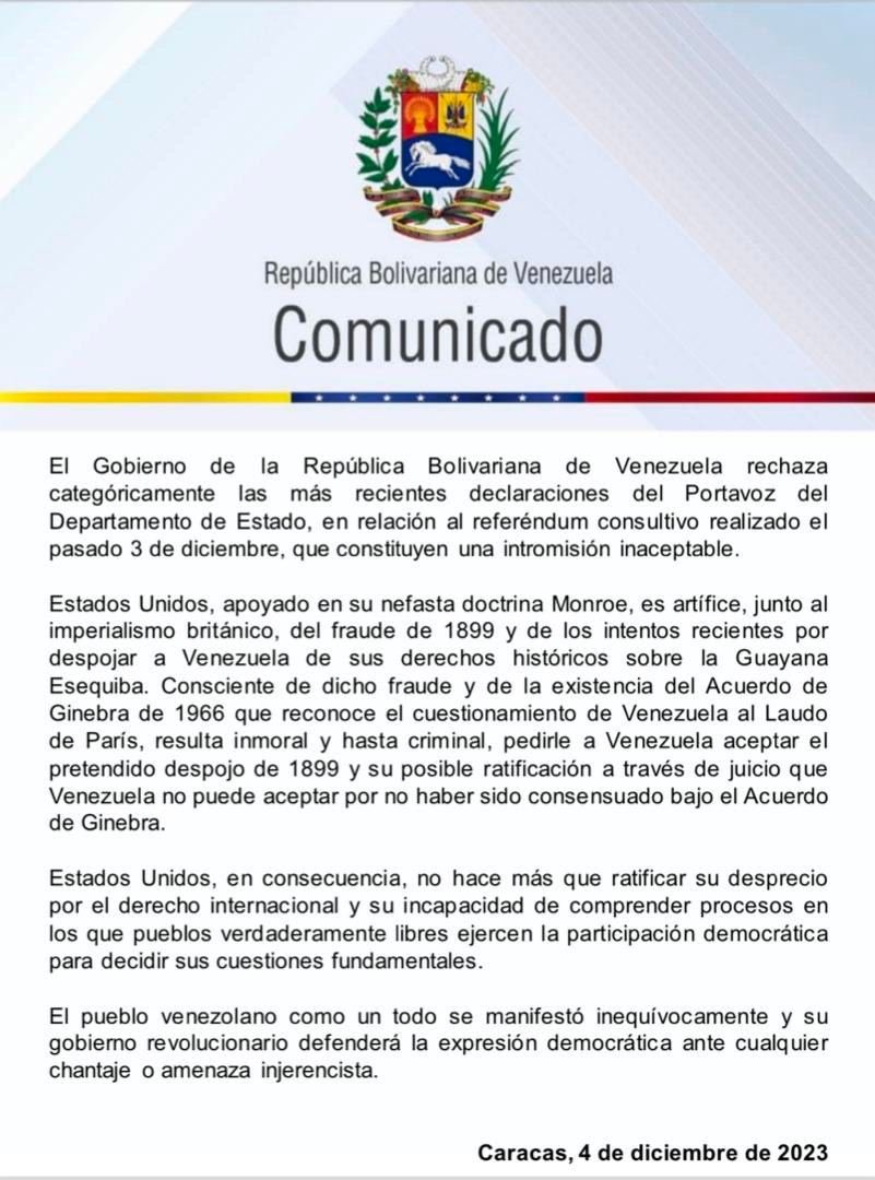 #Comunicado Venezuela rechaza declaraciones del Portavoz del Departamento de Estado de los EE.UU., donde manifiestan su intromisión en en el libre ejercicio del pueblo venezolano en el Referéndum Consultivo.
#VictoriaEsequiba