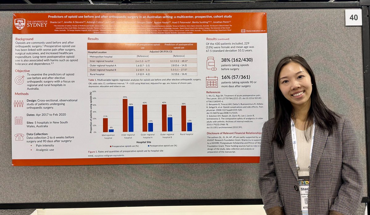 ShaniaLiu_'s tweet photo. I’m very excited to be presenting two posters on #predictors of #opioid use before & after #arthroplasty and preoperative opioid #tapering at the #ASHP23 Midyear Conference;
two of several projects with the fantastic team @JonPenm @sidpatan @Sydney_Uni https://t.co/42AsHJjZA3