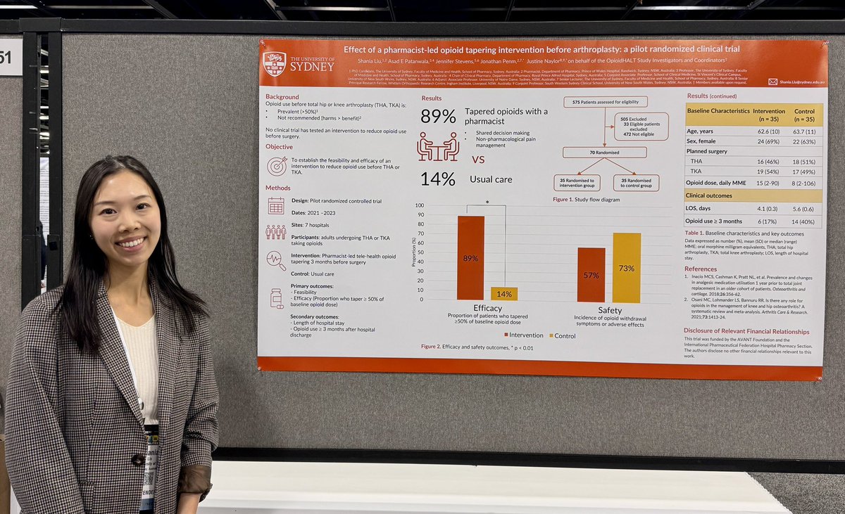 I’m very excited to be presenting two posters on #predictors of #opioid use before & after #arthroplasty and preoperative opioid #tapering at the #ASHP23 Midyear Conference; two of several projects with the fantastic team @JonPenm @sidpatan @Sydney_Uni