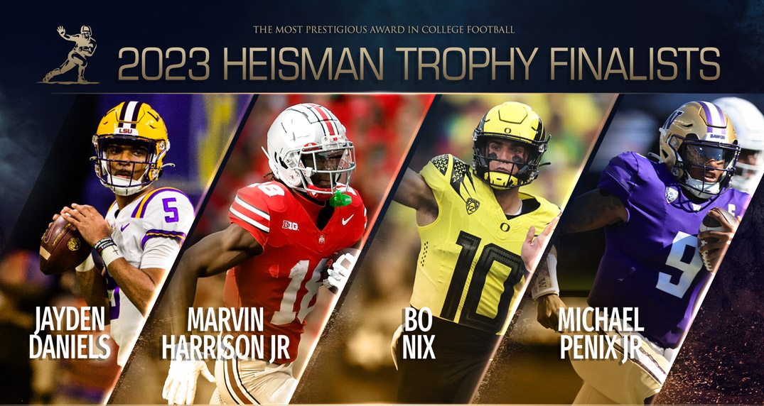 Congratulations to the 2023 Heisman Trophy finalists, @LSUfootball QB Jayden Daniels, @OhioStateFB WR Marvin Harrison Jr., @oregonfootball QB Bo Nix and @UW_Football QB Michael Penix Jr. #HeismanTrophy #MoreThanATrophy