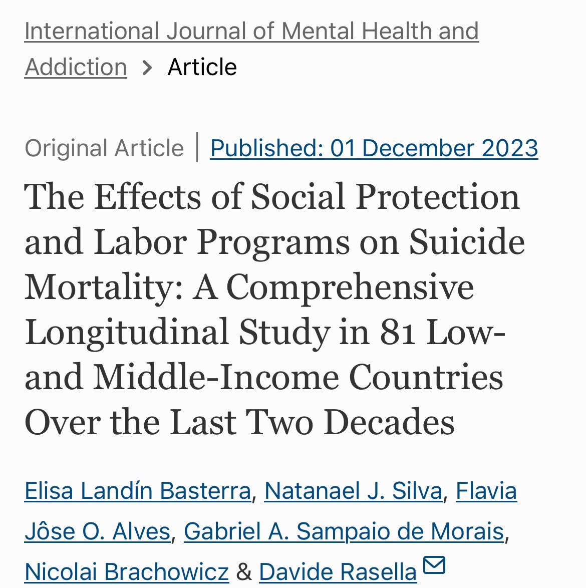 Can #socialprotection & active labor (SPL) programs increase hope in life? “a 1% increase in SPL coverage was associated with a decline of 0.19% in suicide rates. Strongest effects were among the youth (10–24 ys) with a 0.21% reduction”. Basterra et al link.springer.com/article/10.100…