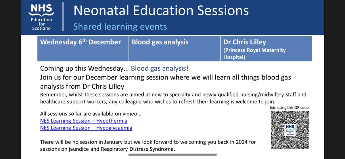 Join the NHS Education for Scotland Neonatal learning session this Wednesday at 2pm where we will be hearing all things Blood gas analysis from <a href="/PRM_NEO_Team/">PRM NEO Team</a> Consultant Dr Chris Lilley! Don’t miss out on this wonderful opportunity!
<a href="/NESnmahp/">NESnmahp</a> <a href="/HUGrhc/">HUG RHC NICU</a> <a href="/wishawneonatal/">Wishaw Neonatal</a> <a href="/ScotPerinatal/">Scottish Perinatal Network</a>