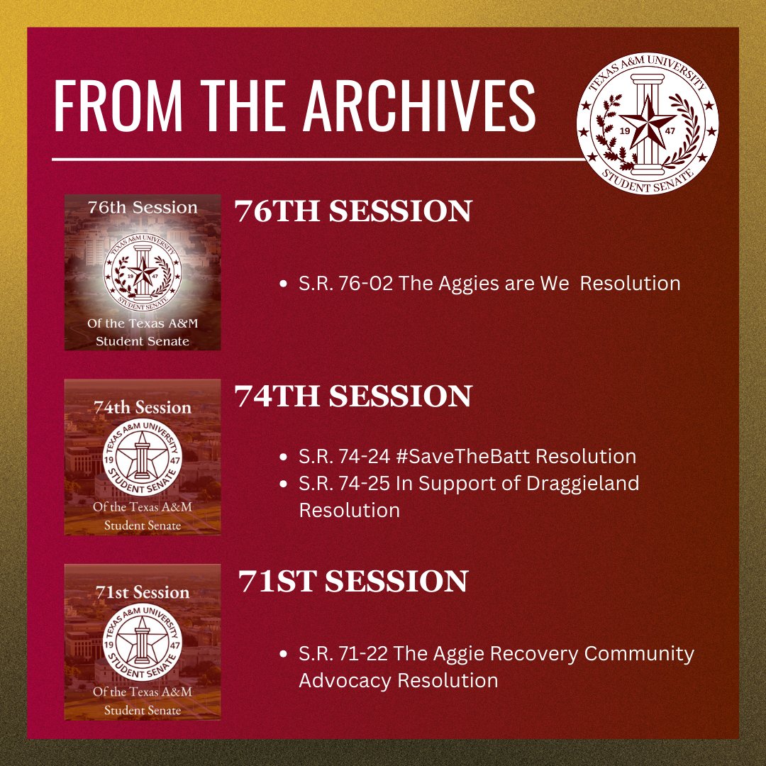 tamusenate's tweet photo. We're thrilled to introduce "FROM THE ARCHIVES," a series delving into the impactful moments of the TAMU Student Senate. Explore the full legislation on our website and join us in celebrating the rich history and legacy of the Student Senate.

Thanks and Gig'em!
(1/3) https://t.co/iOK4UwxTy3