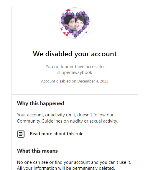 SlippedAwayBook's tweet photo. My Facebook and Instagram accounts have been h**acked, most likely because h**acker loaded porno**grapic photos. no option to appeal, Elvis has left the building at Facebook and Instagram.  Years of posts and photos lost, especially in 2015 when my life partner died by suicide https://t.co/BI3dsM3u2y