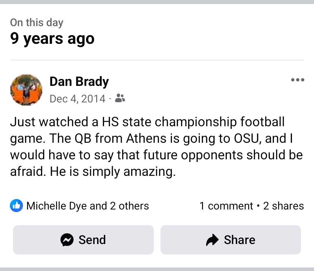 BradyDad's tweet photo. @JoeyB once a year this pops up in my feed. Of course no clue at the time you'd end up being a Bengal, but your future was apparent way back then. Keep that head up, kid from Athens! https://t.co/4KVcMyNgPu