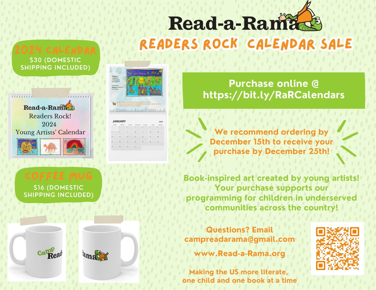 campreadarama's tweet photo. Celebrate the new year with a calendar created by Read-a-Rama campers and friends. The artwork, inspired by books kids and teens love, was created by young people ages 4-18  in the US, UK, and New Zealand. Your purchase helps to fund Read-a-Rama programs! https://t.co/PQsVvUo1it https://t.co/9ruFqE079X