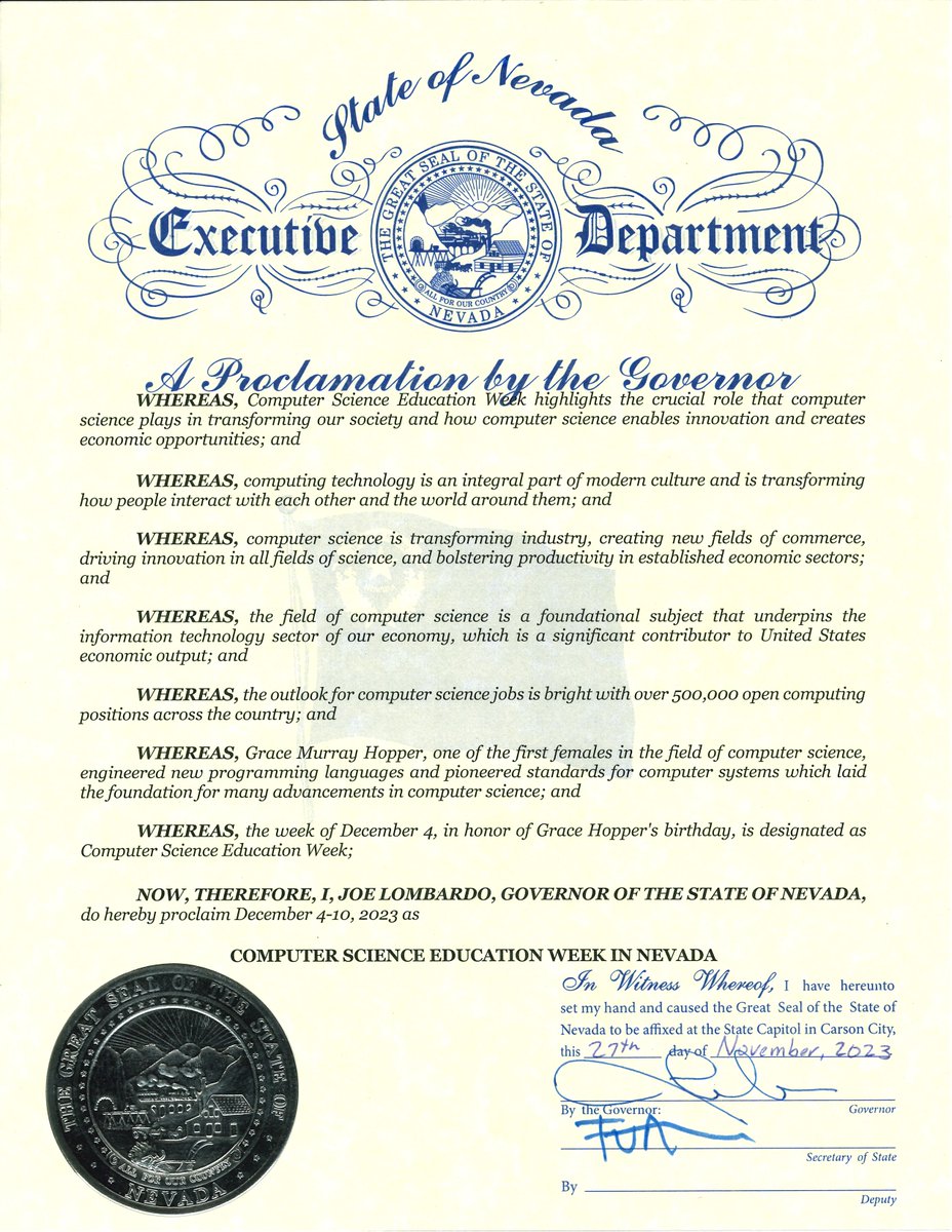 Grateful to Governor @JosephMLombardo for proclaiming December 4-10, 2023 as Computer Science Education Week In Nevada. Thank you for recognizing the importance of empowering students with digital skills. Let's inspire the next generation of innovators! 🌐💻 #CSedWeek