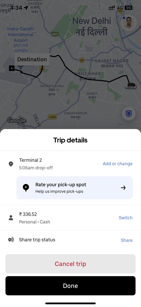 nityapresi's tweet photo. @Uber_India 
Uber is facing bug in the map. It’s showing I am flying in Delhi. This is second time I am facing this problem. 
Going to T2 Delhi airport showed Rs 337. Driver asked Rs 630. The trip was ended later and showed Rs 120. I paid driver 337. https://t.co/5qyw3qSht0