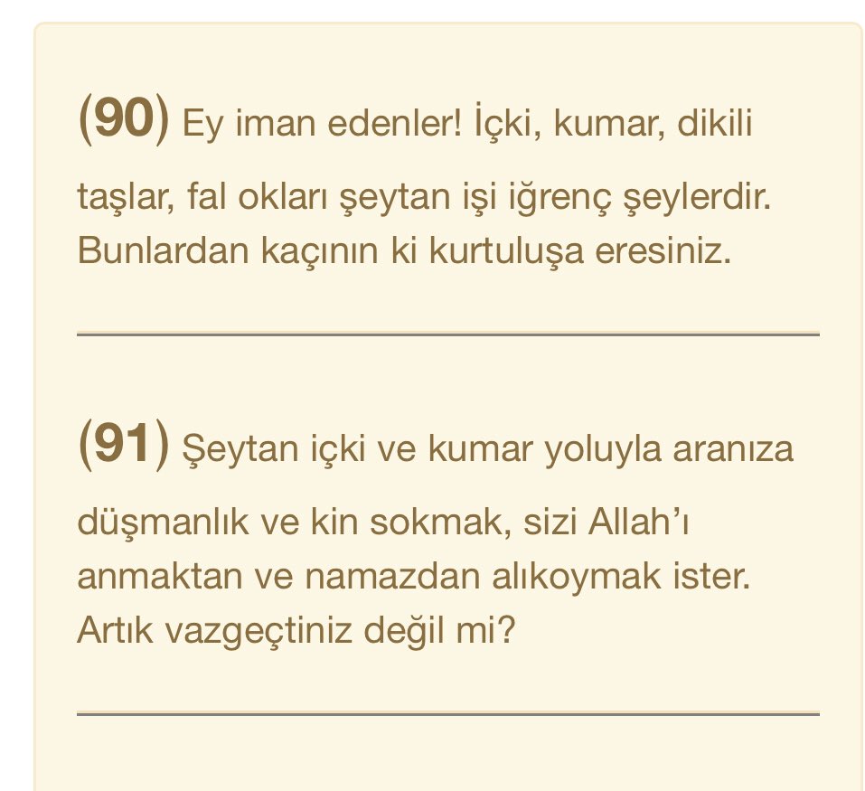 UlkuNhoglu's tweet photo. Sarhoşluk veren azıda-çoğuda her türlü İçki, kumar, fal bakmak-baktırmak,Putlara tapınmak İslamda haramdır . 
Piyango ve bahis oyunlarıda kumarın çeşitlerindendir. 
Rabbim cümlemizi helale razı olup,haramdan uzak kılsın 
Kalbi muhabbet,selam ve dualarımla 
Maide suresi 90-91.ayet https://t.co/hbZ8Aznb5t