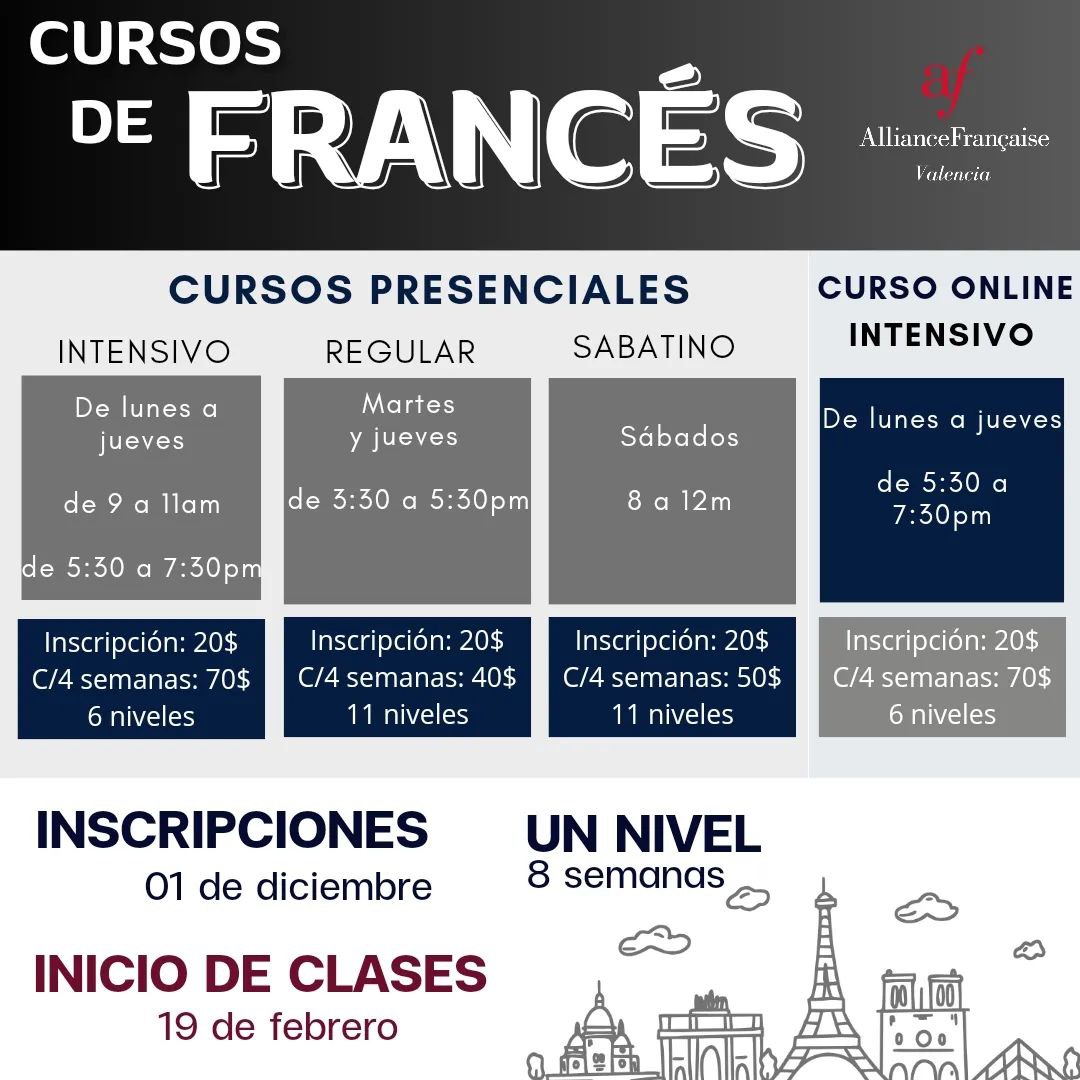 Inscripciones abiertas para los cursos de francés en modalidades presencial y online.  🖥️🇫🇷

Inicio de clases: 19 de febrero

Desliza las imágenes para conocer horarios y precios.

Edades: a partir de 12 años.

Más información vía WhatsApp: 0412-8458388

api.whatsapp.com/send/?phone=58…