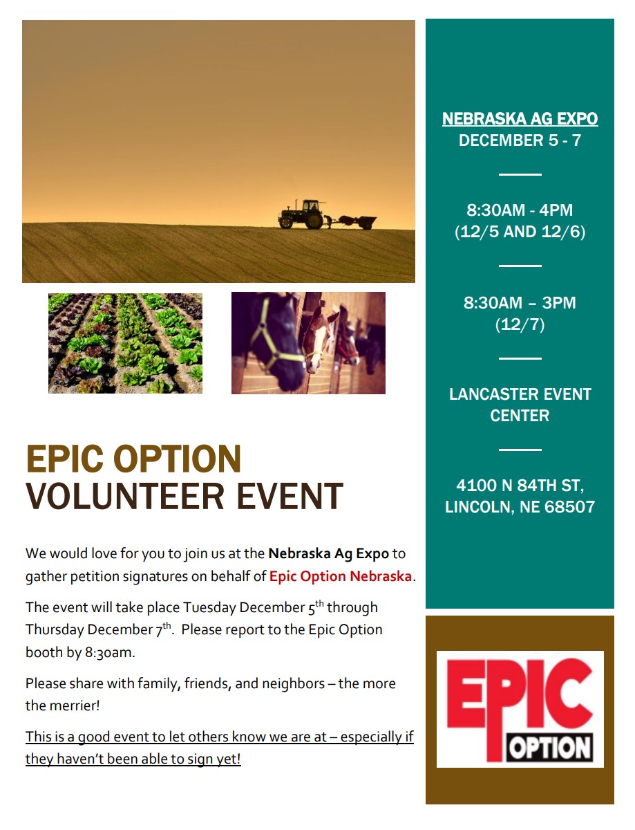 EPICOptionVols's tweet photo. If you haven't had the chance to sign we are having another volunteer event at the Nebraska AG Expo, we hope to see supporters there! Don't forget to tell your friends and family! https://t.co/DRZKzcp01H