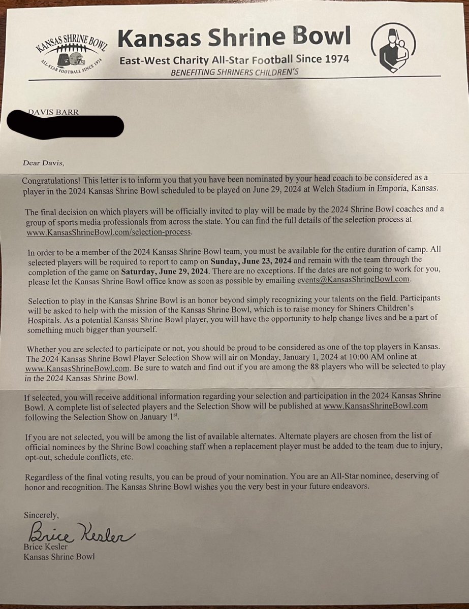 davis_barr8's tweet image. Honored to be nominated for the shrine bowl! @Football_DeSoto @punt_21 @sportsinkansas @ShrineBowl