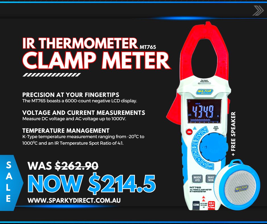 Sparkydirect's tweet image. 🔥🌡️ Discover the Major Tech MT765 AC/IR Thermometer Clamp Meter! 🔌📏
sparkydirect.com.au/p/major-tech-m…

Key Features 
- Accurate Readings ✅
- Non-Contact IR Thermometer🌡️
- User-Friendly 📊
.
.
#Sparky #SparkyDirect #Electrical #Electrician #Australia #TikTok #Wholesale #Tool #Majortech