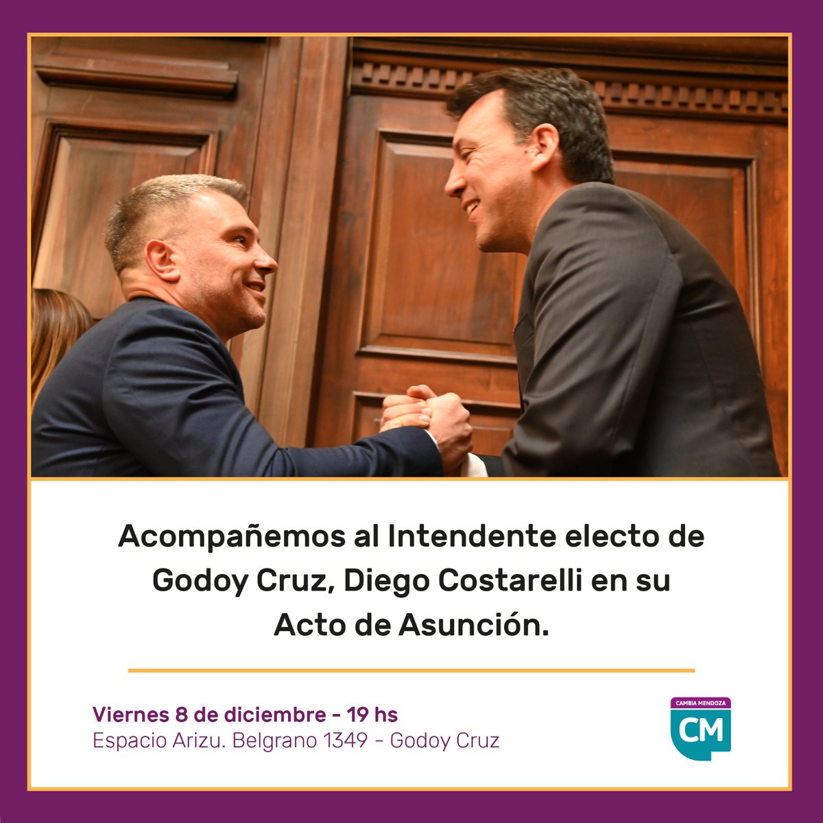 Este 8 de diciembre los invitamos para acompañar a @dcostarelli en el Acto de Asunción como Intendente de Godoy Cruz 🇮🇩
• 19H en Espacio Arizu