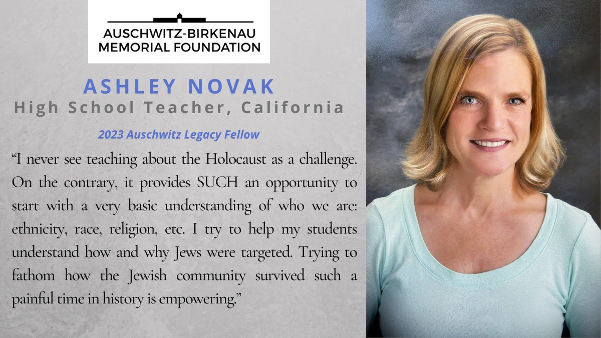Meet Ashley Novak, one of our 2023 Auschwitz Legacy Fellows, who is a high school teacher from South Pasadena, CA. She learned about #Auschwitz Legacy Fellowship thanks to our partnership with @hmla1961. When asked why she applied for the program, Ashley said, 'I thought of my…