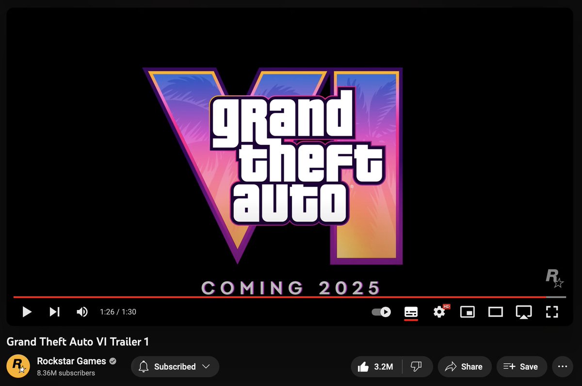 GTA6Intel's tweet photo. The GTA 6 reveal trailer already has more likes in 1 hour than the GTA 5 trailer has over 12 years. https://t.co/vhrLSqUD2t