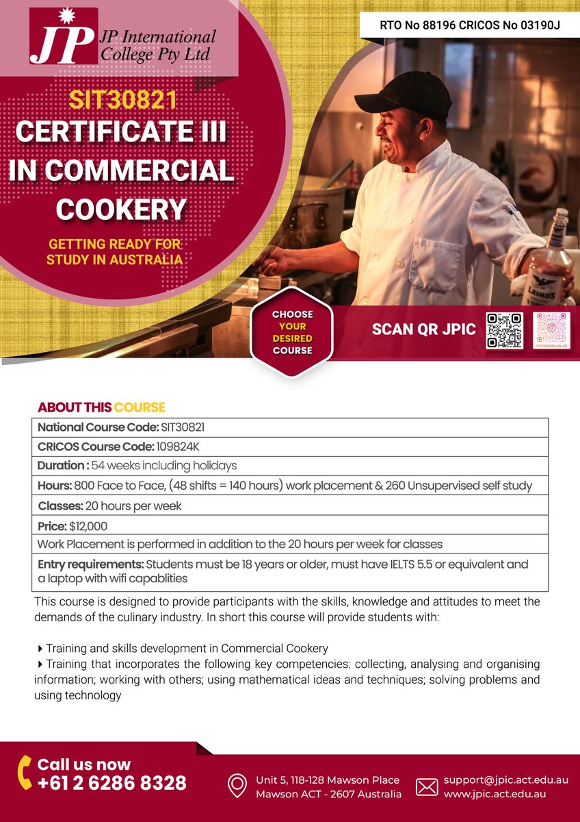 JP International College (@jpinternation15) on Twitter photo SIT30821 - Certificate III in Commercial Cookery
For more information:
jpic.act.edu.au
marketing@jpic.act.edu.au
+61 262868328
#JPIC
#StudyInAustralia
#HospitalityEducation
#CanberraCollege
#ManagementCourses
#BusinessEducation SIT30821 - Certificate III in Commercial Cookery
For more information:
jpic.act.edu.au
marketing@jpic.act.edu.au
+61 262868328
#JPIC
#StudyInAustralia
#HospitalityEducation
#CanberraCollege
#ManagementCourses
#BusinessEducation
