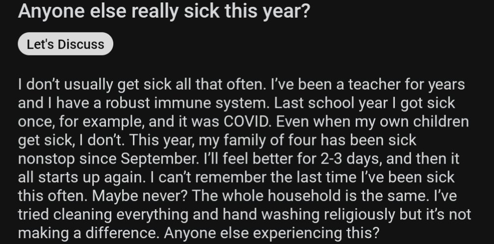 A teacher on Reddit r/Massachusetts says their entire family has been sick non-stop for 4 months. Dozens of others chime in, reporting the same: