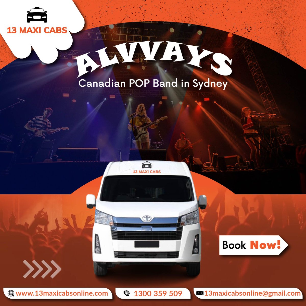 CabSydney's tweet photo. Check out this pop group at Roundhouse International Road, Kensington, NSW, Australia, starting at 7 p.m. today.  Reserve your taxi now!
For more information:
📞 call: 1300 359 509
✉️ Email: 13maxicabsonline@gmail.com
🌐 Visit: https://t.co/PEDLis59lV
#alvvays #sydney #cab #Enjoy https://t.co/AgQXHRhL6B