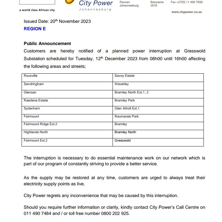 CityPowerJhb's tweet photo. #JoburgUpdates 

Kindly take a note of a planned power interruption at #GresswoldSubstation scheduled for Tuesday, 12th December 2023 from 08h00 until 16h00. ^LP https://t.co/rfmprthR01